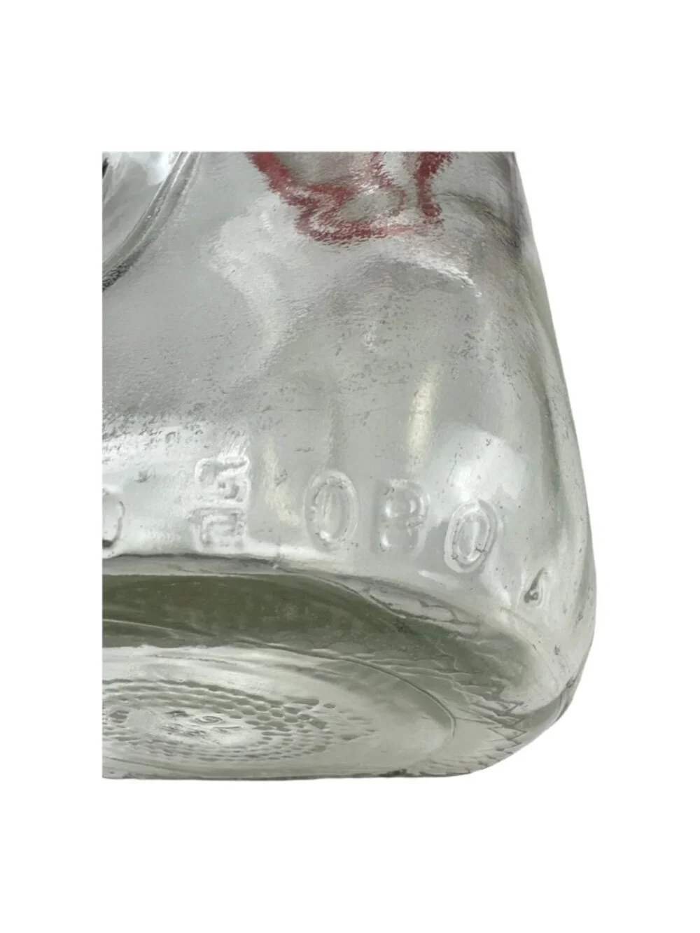 Vintage Glass Milk Bottle With Red Handle - Embossed Script Design - 10 Inches T